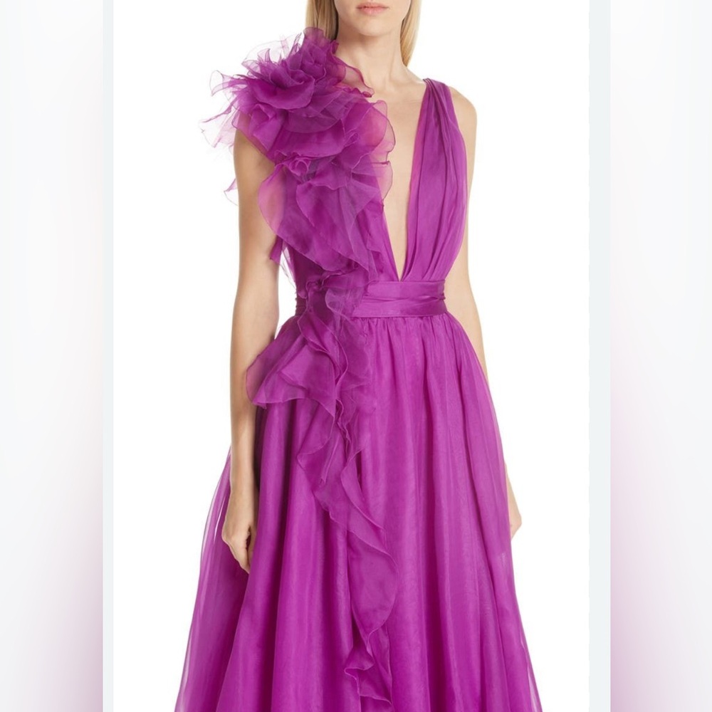 Marchesa Plunging Cascading Ruffle Gown.